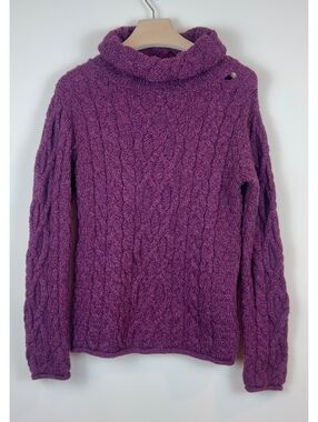 Aran Sweater Market 100% Merino Wool Cable Knit Cowl Neck Purple Sweater M